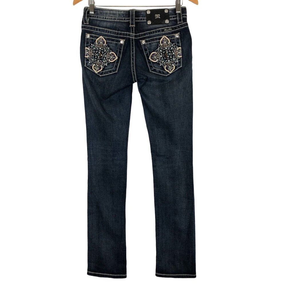 Miss Me Signature Straight Jeans Sz 26 X 33 Blue Denim Low Rise Embellished